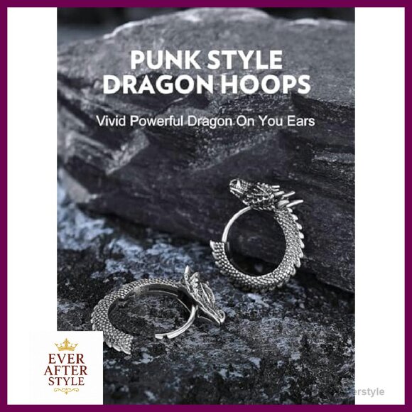 Dragon Huggie Earrings Stainless Steel Silver Hypoallergenic Retro Punk Style - Picture 4 of 8